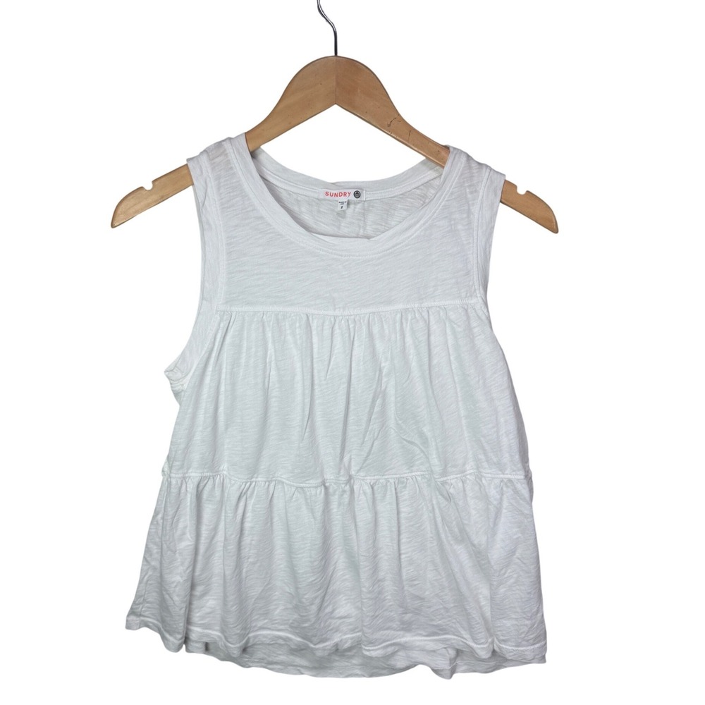 Sundry White Pima Cotton Tiered Babydoll Tank Top Sleeveless‎ Size 2 USA